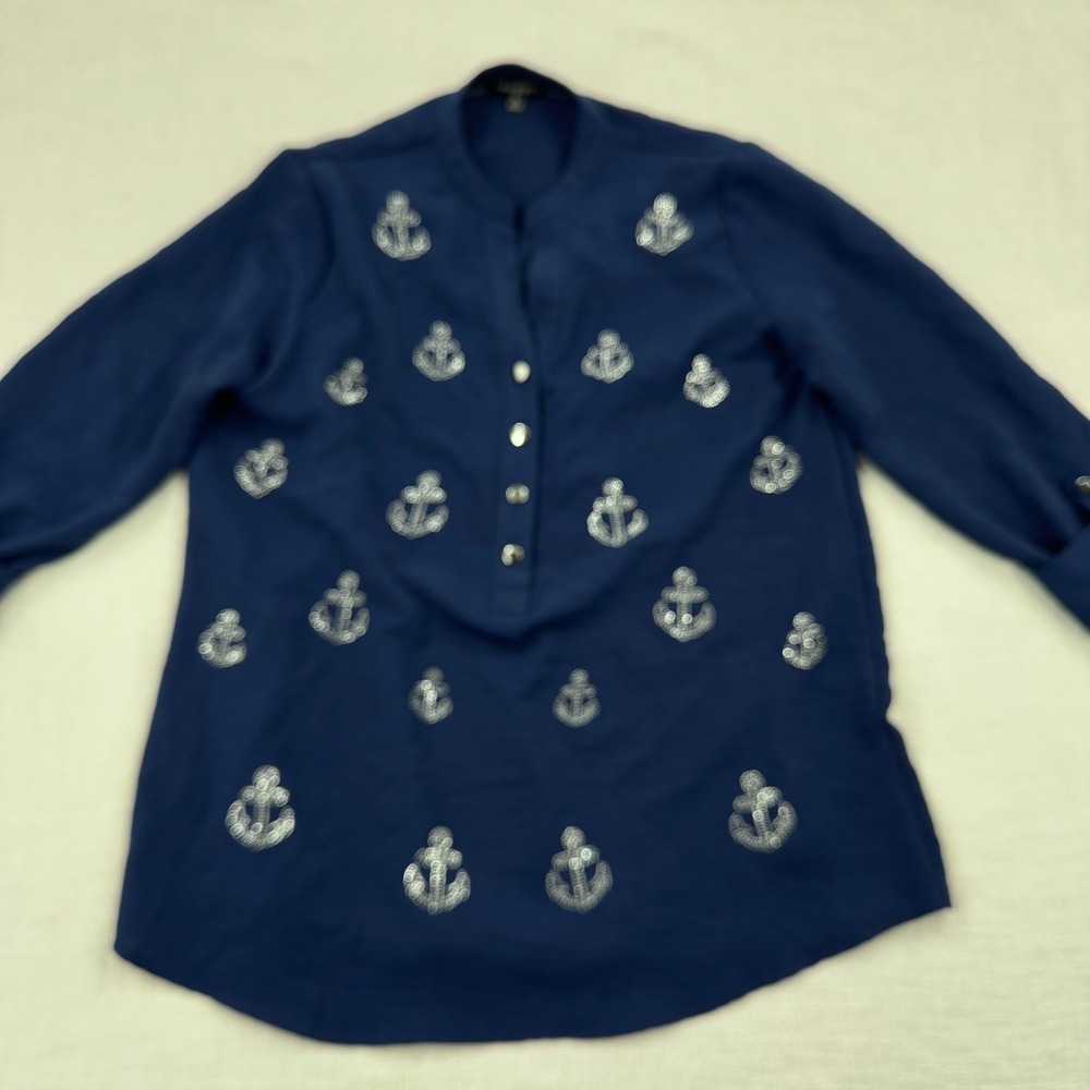 Womens Small Navy Blue Anchor Silver‎ Studded Tunic Top 3/4 Roll Tab Sleeve